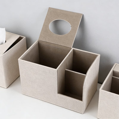 Modern Square Linen Tissue Box Cover With Side Organizer, Decorative Cube Tissue Holder For Living Room, Office, Vanity, Nightstand, And Countertop