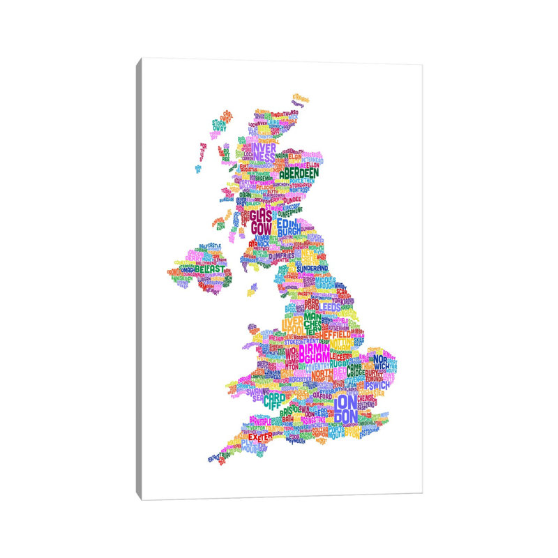 Great Britain UK City Text Map (White) by Michael Tompsett - Wrapped Canvas Print, 20.32 cm H x 30.48 cm W