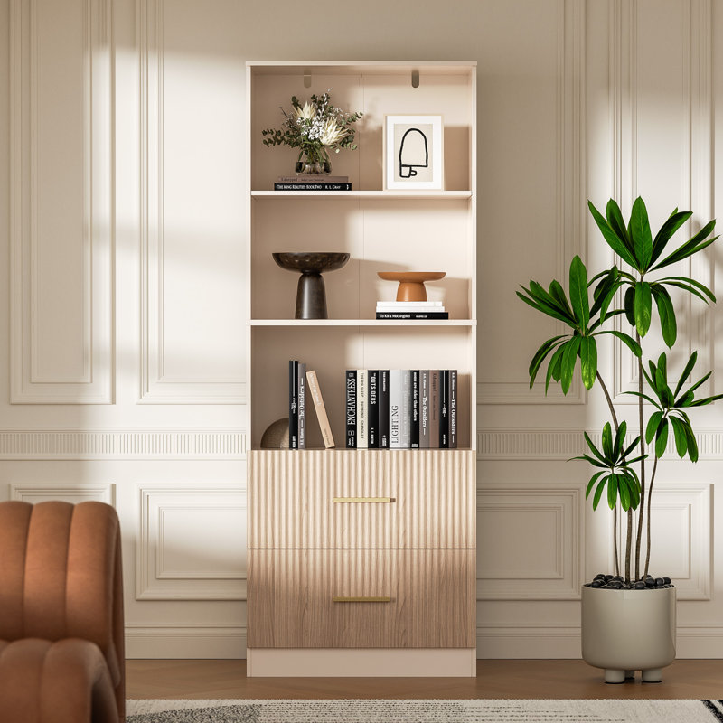 Bookshelf With Drawers, 63" Tall Fluted Bookshelf With Storage, 3 Shelf Bookcase With Adjustable Shelf, 3 Tier Modern Book Shelf, Open Shelves Bookcase For Office, Oak