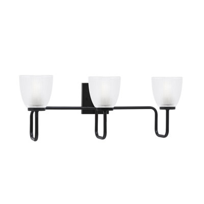 Barre d'éclairage de salle de bain 3 lumières Amarmula, finition noir mat, verre côtelé transparent de 5 po