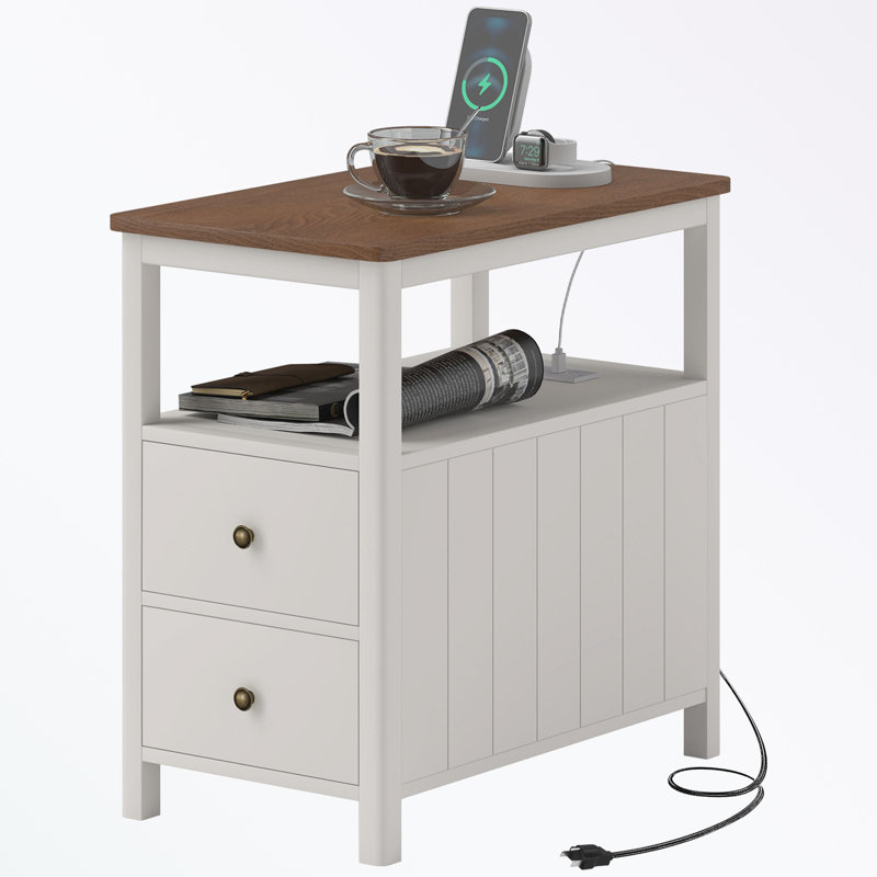 End Table with Charging Station, USB Ports, Drawers and Shelf, White