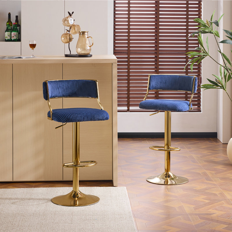 Blue 2pcs Bar Stools with Thick Corduroy Seat Electroplated Gold Trumpet Disk Base and Swivel Function, Navy Blue