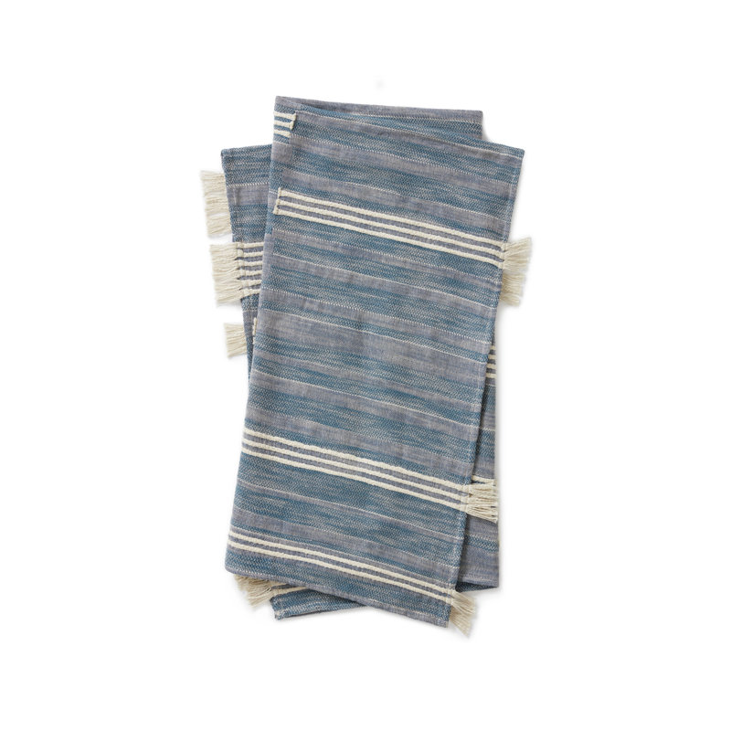 Blue Cotton Handwoven Throw Blanket with Fringe