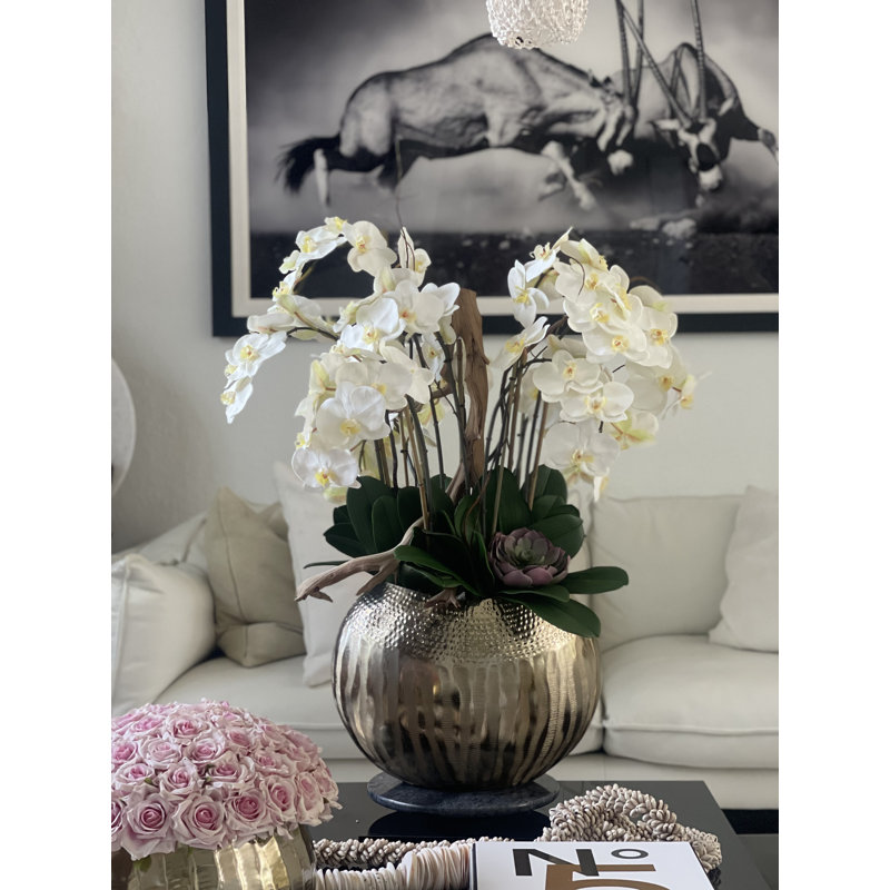Olympian Phalaenopsis Orchids Centerpiece in Planter, Pink, Gold