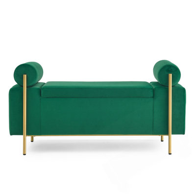Elegant Upholstered Velvet Storage Bench With Cylindrical Arms And Iron Legs For Hallway, Living Room, And Bedroom