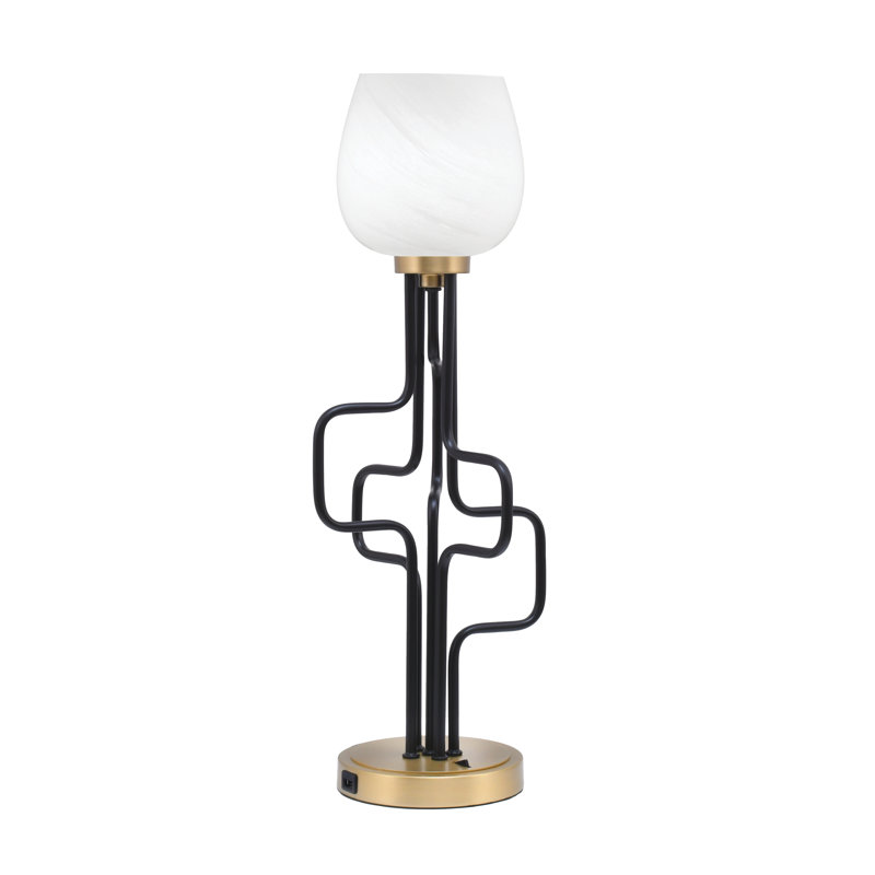 Lampe d'appoint Amarmula, avec ports USB, fini noir mat et laiton vieilli, verre marbré blanc 6 po, Doré, Blanc