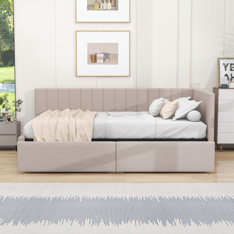 Lit de jour simple tapissier 2 tiroirs avec lattes robustes, Beige