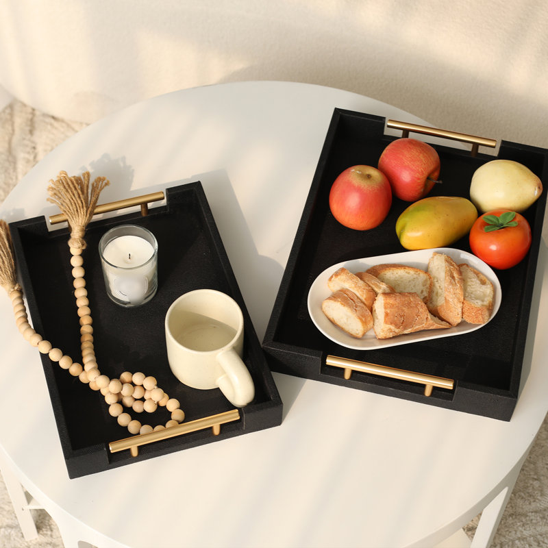 Set Of 2 Shagreen Serving Tray With Polished Metal Handles Wood Decorative Tray PU Leather With Brushed For Coffee Table Ottoman Console Table