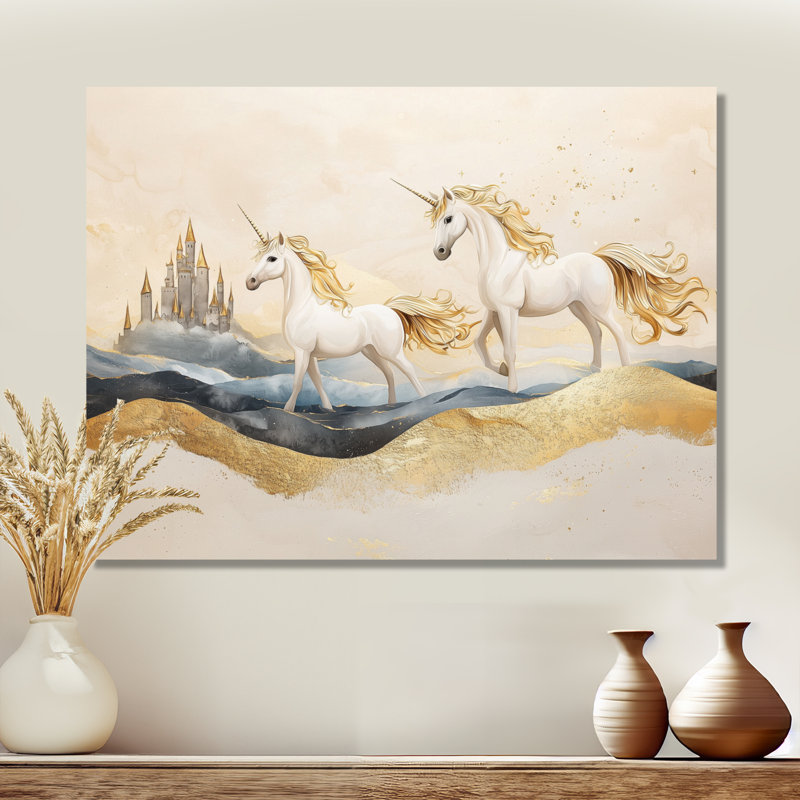 Golden Unicorns on Cosmic Castle Lanscape I - Licornes, impression sur toile, H 12 po x l 20 po