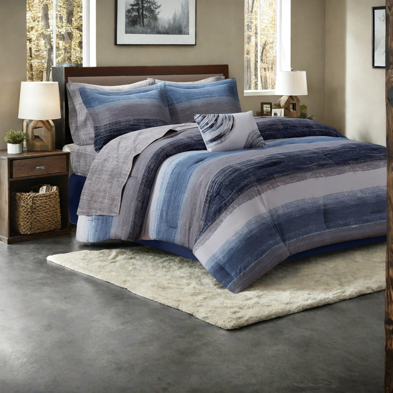 Ensemble de literie de qualité supérieure 7 pièces, microfibre ultra douce, motif rayé bleu marine moderne pour une vie confortable