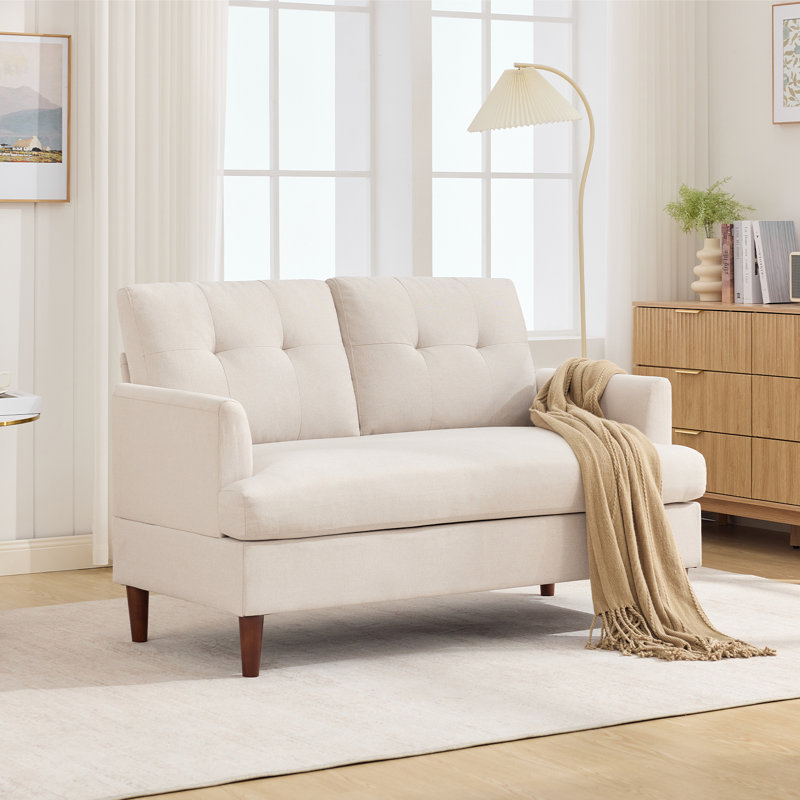 Causeuse capitonnée à accoudoirs carrés en chenille, Beige