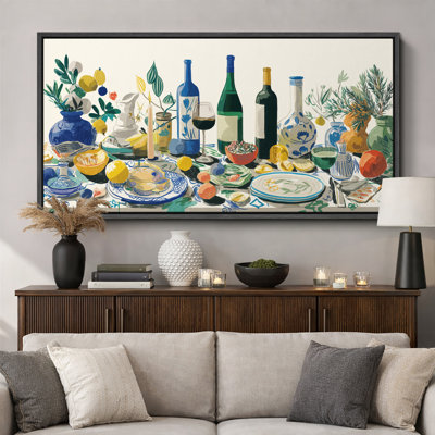 Colorful Mediterranean Feast Artwork Extra Large Pictures Framed Canvas Print Wall Art