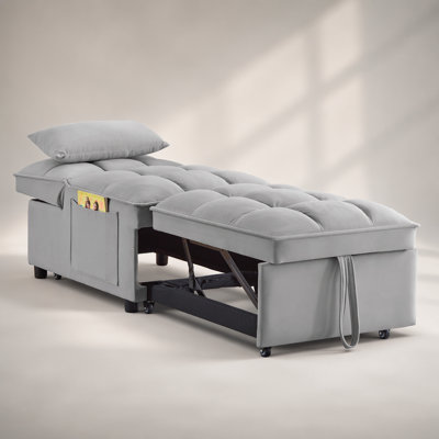 4-in-1 Multi-Function Single Sofa Bed with Storage Pockets, Tufted Pull-out Design, Adjustable Backrest, and Plush Pillows, Gray