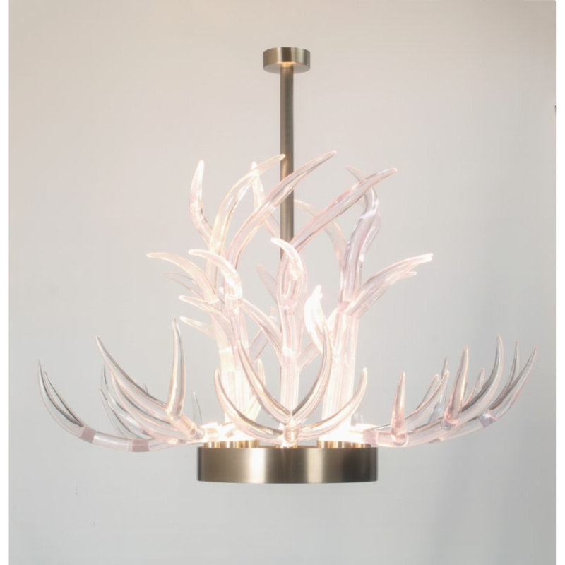 Lustre en corne de bois de lucite clair nickel poli clair, Clair, Laiton rétro, 32” Length x 32” Width x 28” Height