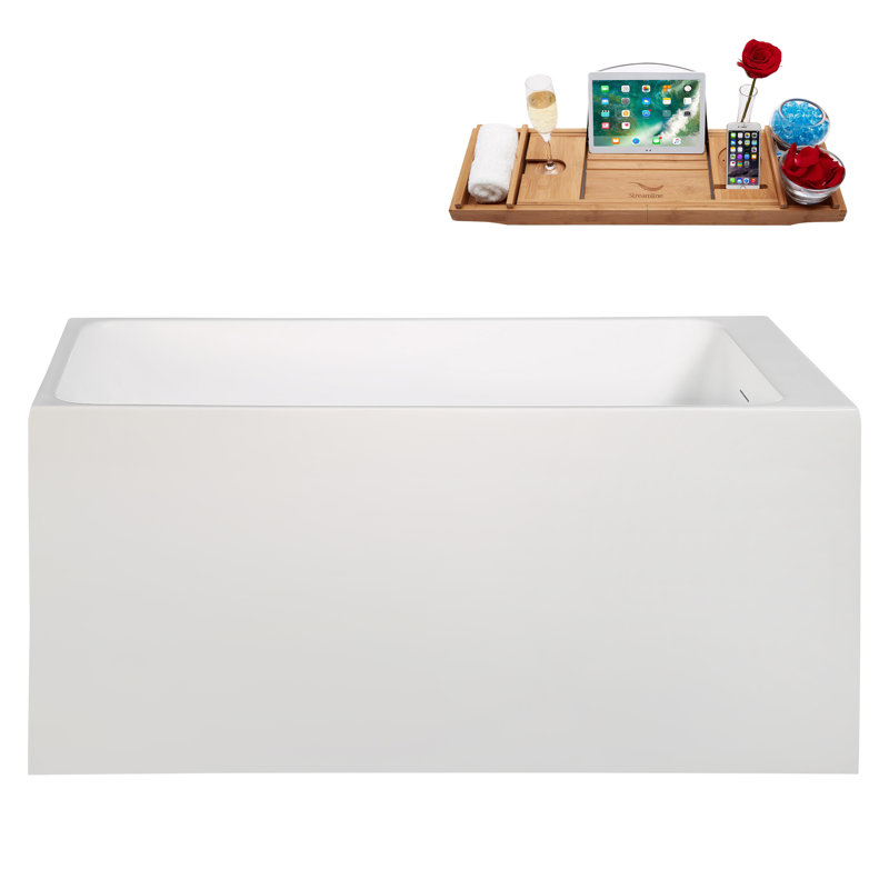 51" Streamline Soaking Glossy White Acrylic Freestanding Bathtub, Bamboo Tray, Drain, Brushed Gold