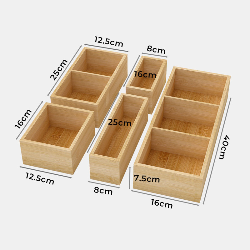  5 Pcs Bamboo Drawer Organizer Multi-Use Storage Box with Removable Divider
