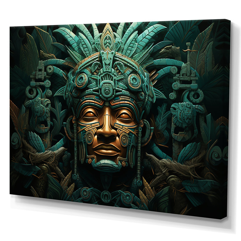 Maya Magic Aztec Mask I - Art mural mexicain, H 16 po x l 32 po x P 1 po, Toile tendue