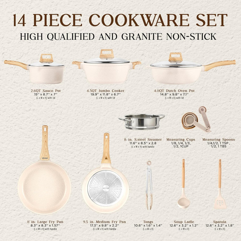 Cream 14-Piece Non-Stick Carbon Steel Cookware Set