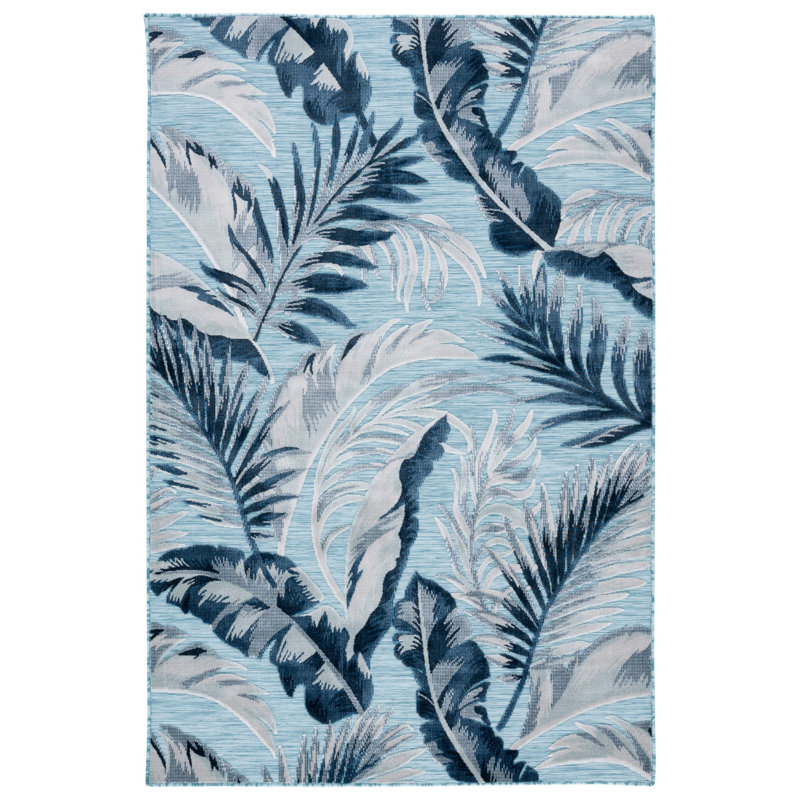 Abbriella Floral Aqua/Navy Indoor / Outdoor Area Rug, Rectangle 8' x 10'