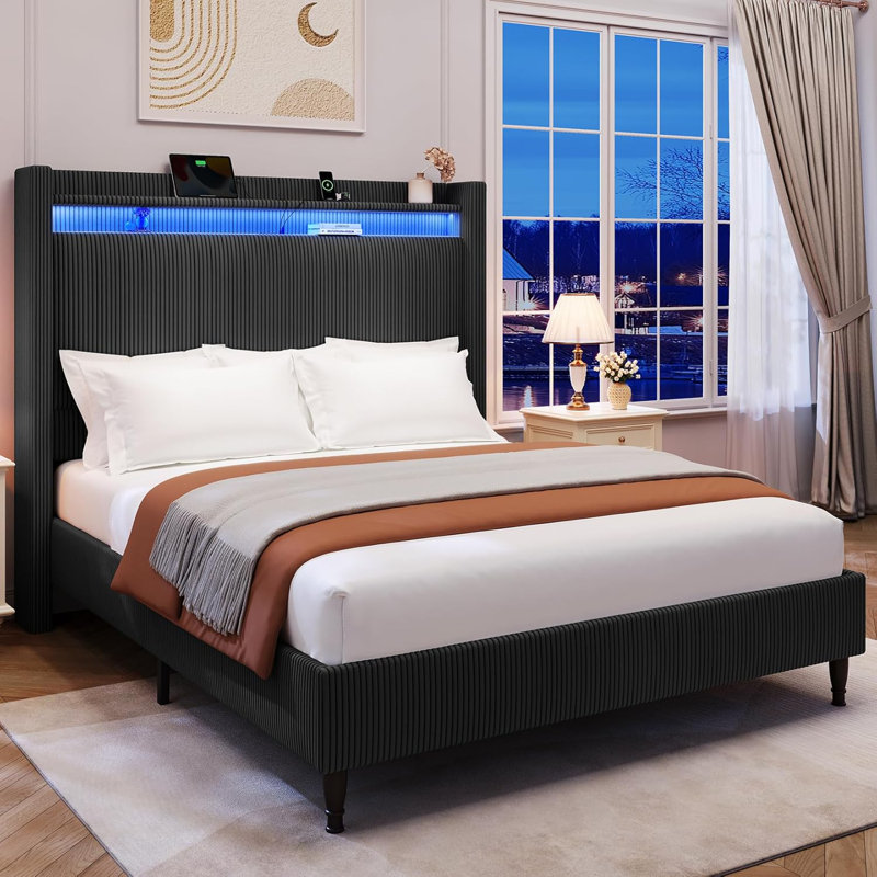 Corduroy Upholstered Wingback Queen Size Platform Bed Frame, Charging Station, LED Lights, Gray Brown, Queen