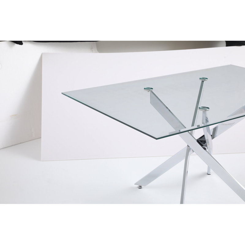 Modern Rectangular Tempered Glass Table And Silver Iron Frame, Clear, Silver