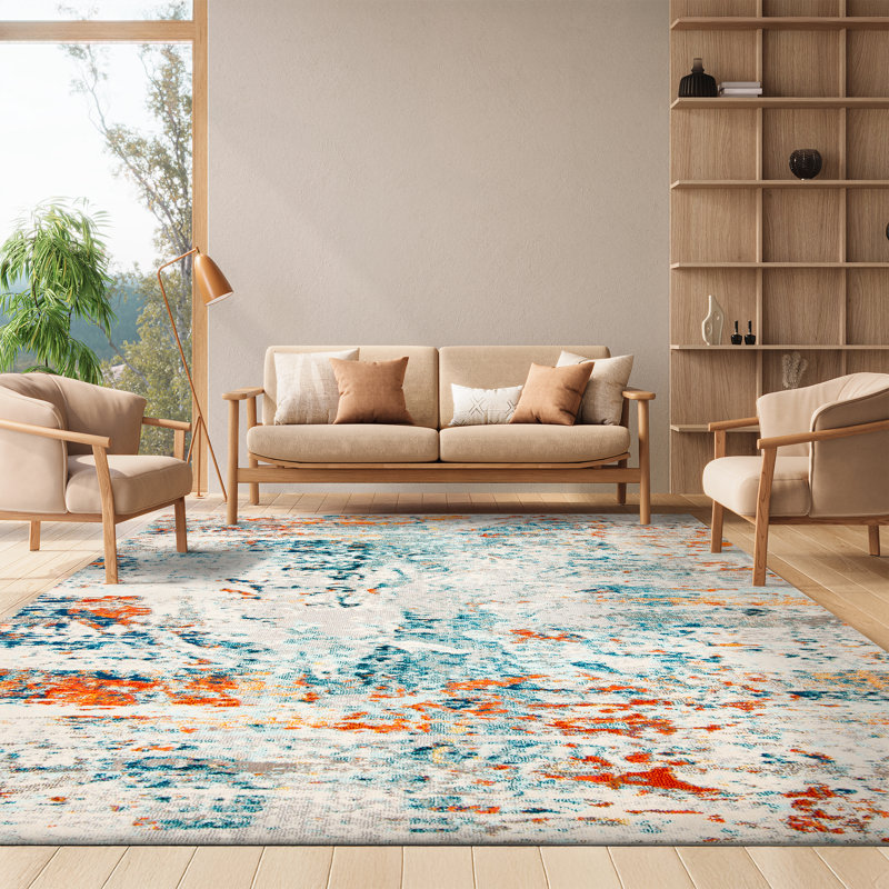 Felty Abstract Cream/Orange/Blue Rug, Rectangle 8' x 10'