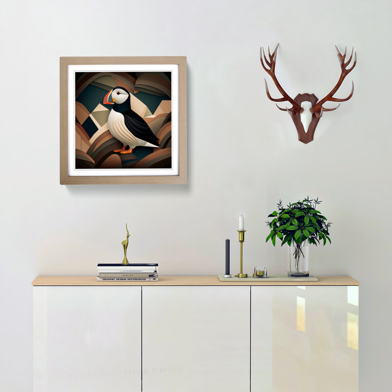 Puffin Deco No.1 - Single Picture Frame Print on Wood, Oak