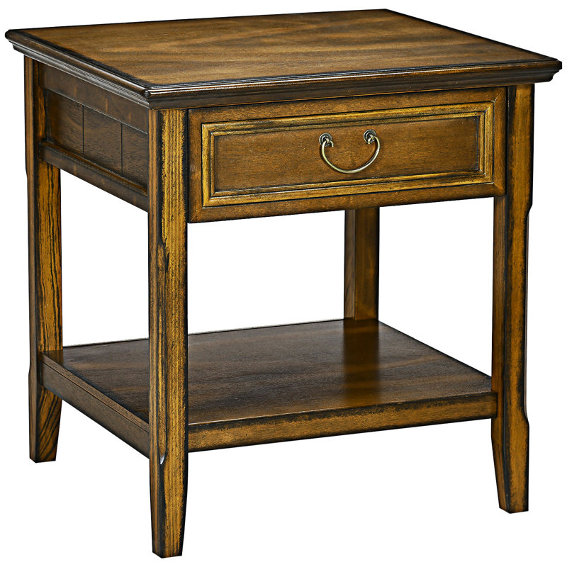 Table basse vintage avec tiroir et tablette ouverte