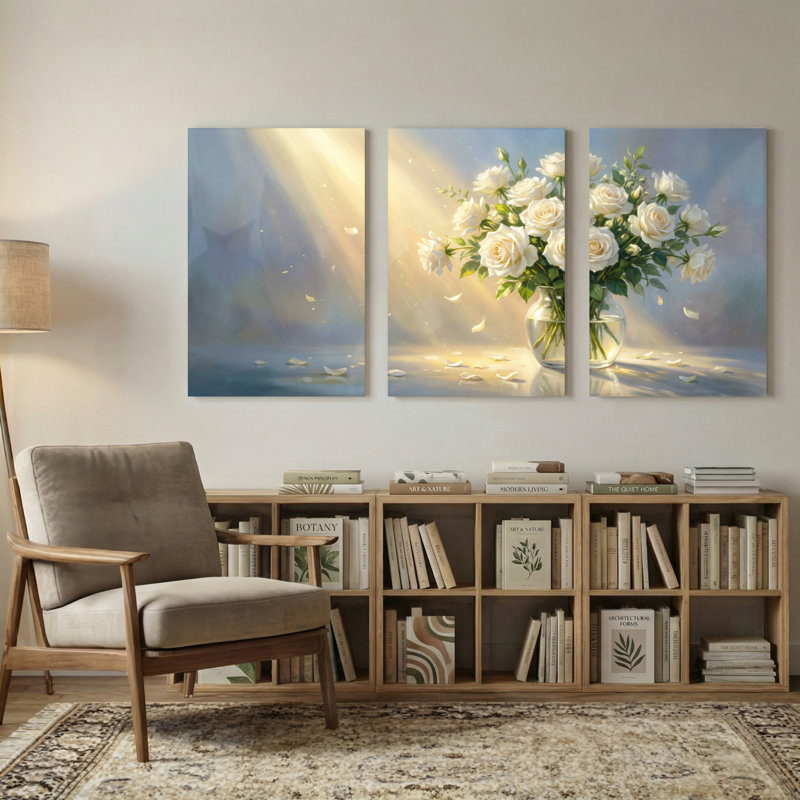 Plants & Flowers Sunlight Roses Vase Reflections Petals Light Background Art Set of 3 Canvas Wall Art Prints, 30" H x 60" W