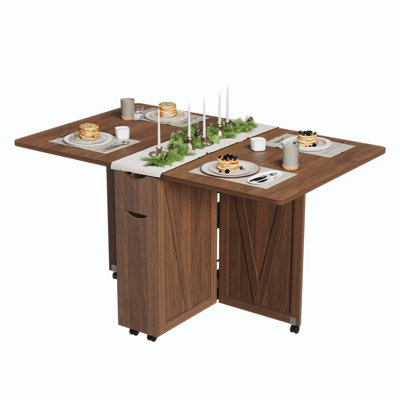 Space Saving Folding Dining Table with Storage – 6 Rolling Wheels, Drawer & Shelves, Compact Kitchen Table for Small Spaces, Brown