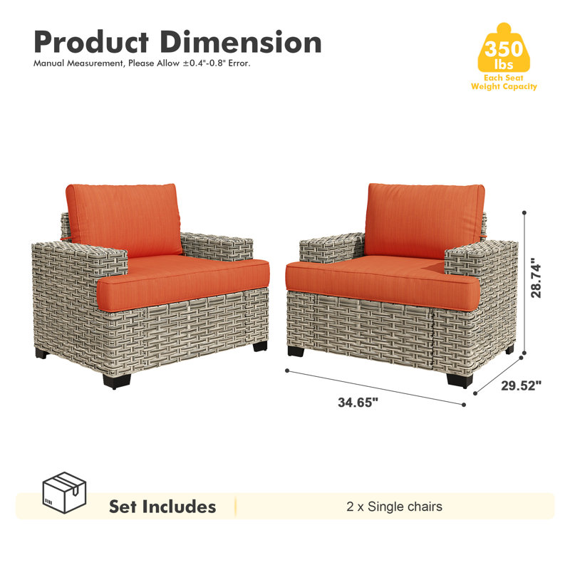 Wicker Rattan Outdoor Patio Chairs With Cushions And Wide Armrest, Orange