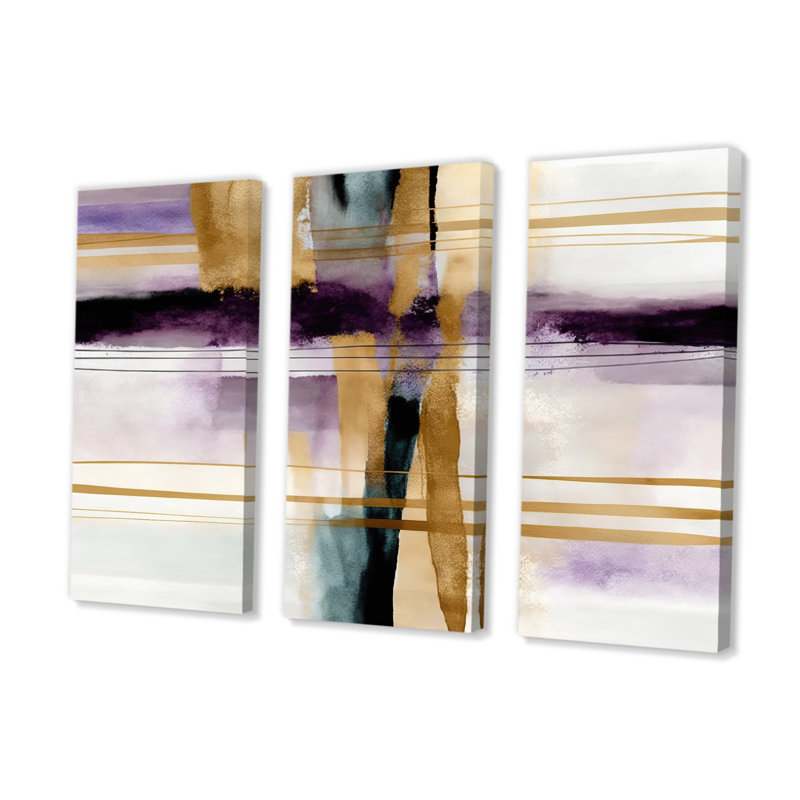 Abstrait géométrique mauve et doré - impression sur toile 3 pièces, H 32 po x l 48 po x P 1 po, Toile tendue