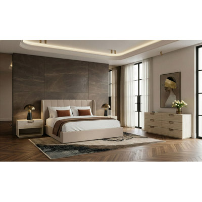 Ensemble de chambre à coucher 4 pièces Lutz - Tissu moderne brun clair et faux travertin