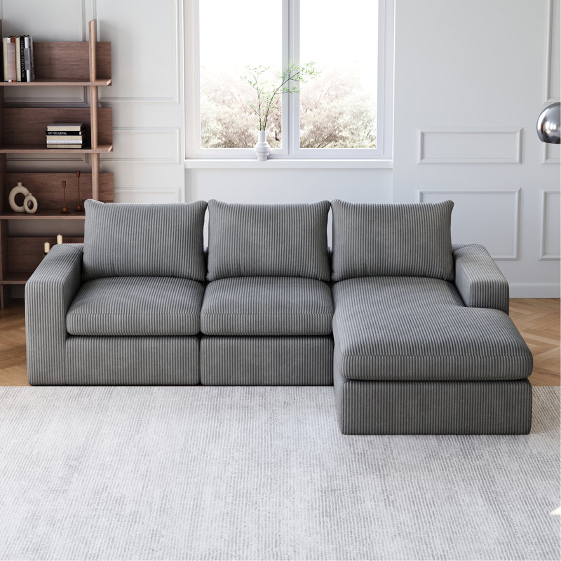 Canapé modulaire en velours côtelé de 99 pouces avec trois coussins, conception à deux coussins pour le style, coussin supplémentaire pour le cou, rembourrage en éponge haute densité à rebond lent, module renforcé de fer, aucune installation