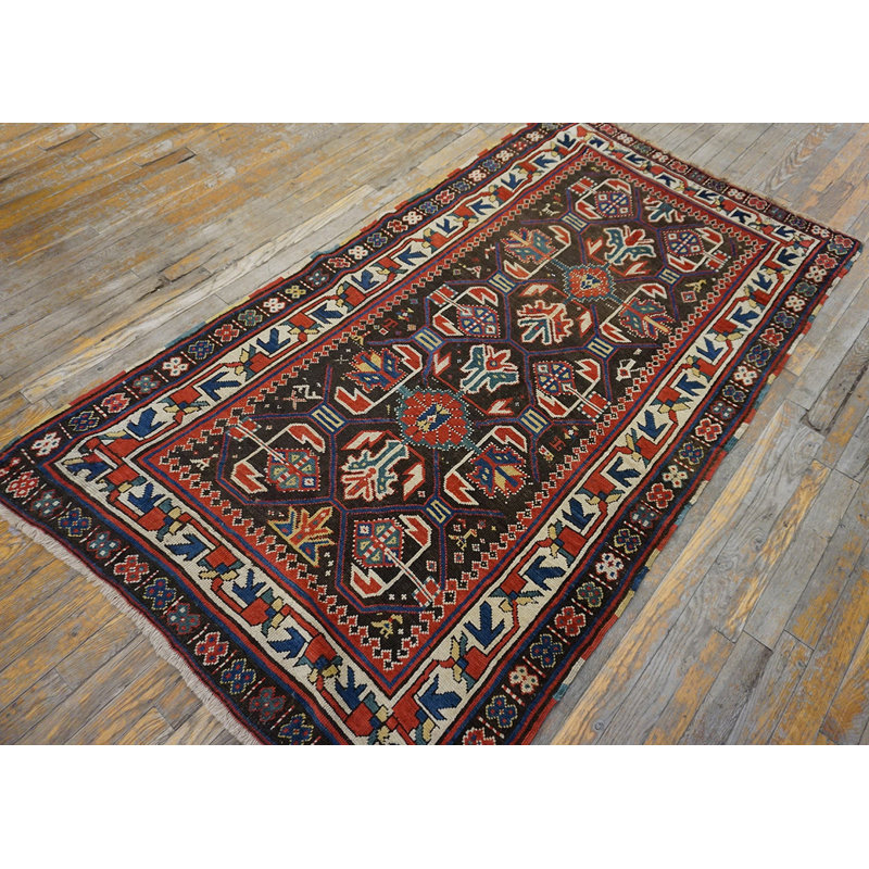 Tribal Geometric Brown Earth Tone Antique Small Late 19th Century Caucasus Kazak Rug