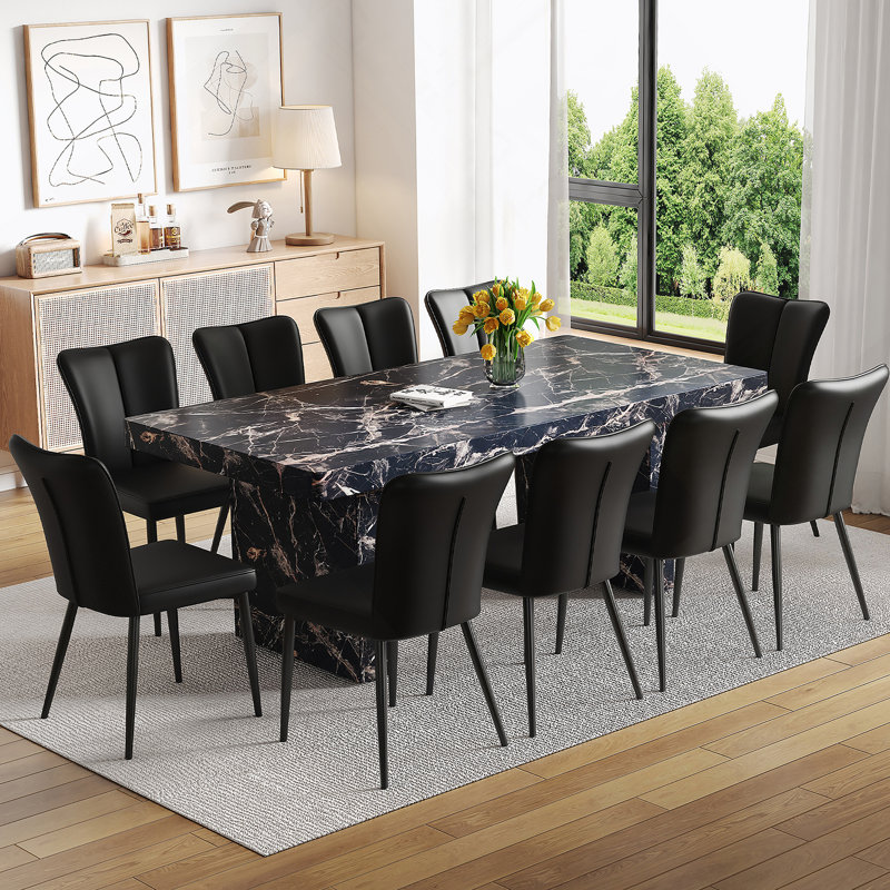 Ensemble luxueux de table et chaises de salle à manger en marbre noir, plateau en panneau de fibres à densité moyenne de 3,5 pouces d'épaisseur, 10 chaises ergonomiques en polyuréthane