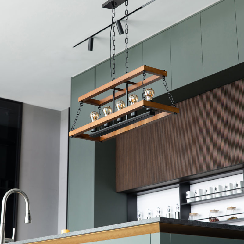Luminaire suspendu rétro en bois de style industriel rétro à 5 ampoules, lustre décoratif brun