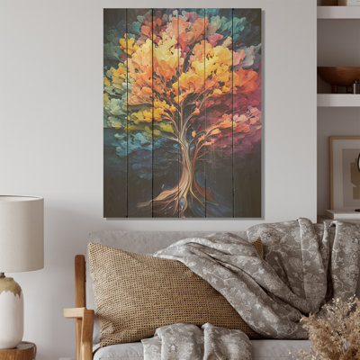 Redwood Trees Burst With A Rainbow Of Color I  Tree Redwood Wood Panel Wall Art On Natural Pine Wood