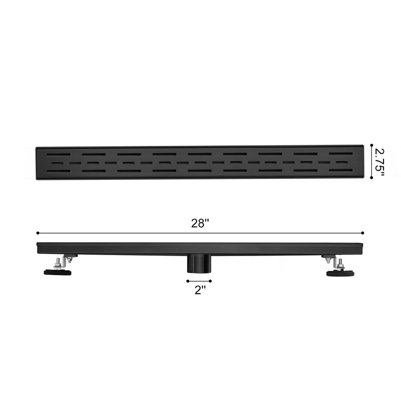 Caniveau de douche linéaire, 71 cm (28 po), acier inoxydable 304, noir mat, avec pattes de nivellement, Matte Black