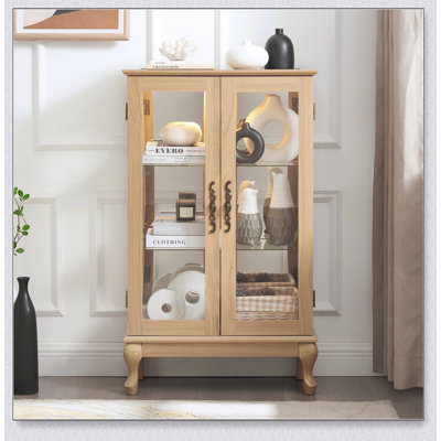 2 Doors Curio Cabinet with Tempered Glass, Mirrored Back, Adjustable Shelves, and Built-in Lighting for Elegant Display