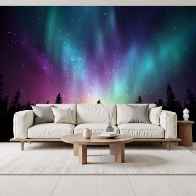Peel and Stick Wallpaper Multicolored northern lights Aurora Canadian forest Wall Murals 69"H x 96"W Removable PVC Wall Paper Self-Adhesive Wall Paintings Art Decor for Bedroom Living Room