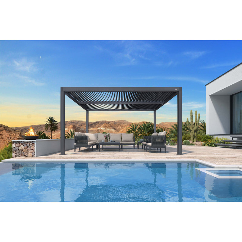 Purple Leaf 10' D X 12' W Louvered Pergola Aluminum Pergola With Adjustable Louvered Roof Outdoor Hard Top Pergola, Gray