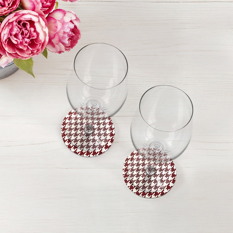 Houndstooth Black White Vegan Leather Round Coasters, Red White