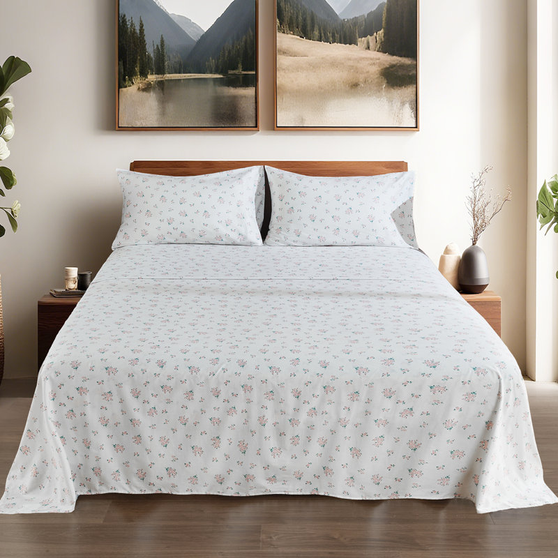 Ensemble de draps 100% coton, Ensemble de draps pour très grand lit avec 2 taie, Rose / floral 1