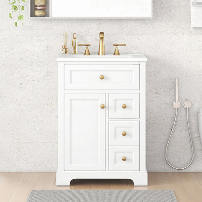 Meuble-lavabo de salle de bain avec lavabo, panneau de fibres à densité moyenne et fabrication en bois de pin, portes à 3 tiroirs à fermeture en douceur, conception moderne pour les petites et moyennes salles de bain