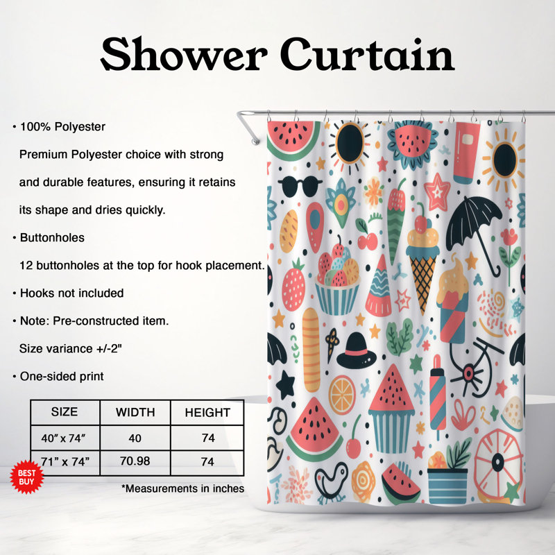 Funky Summer Fun - Rideau de douche standard 1 pièce, H 74 po x l 71 po