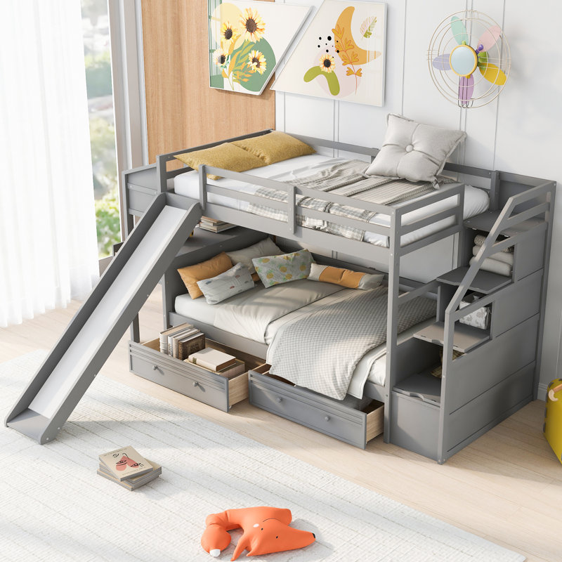  Lit superposé simple au-dessus de simple avec escalier de rangement, glissade, tiroirs et bureau avec tablettes, gris, gris