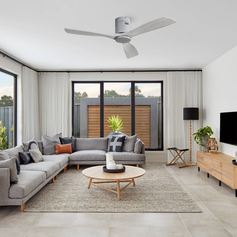 Ventilateur de plafond 3 pales Nicola, Finition argentée avec pales grises