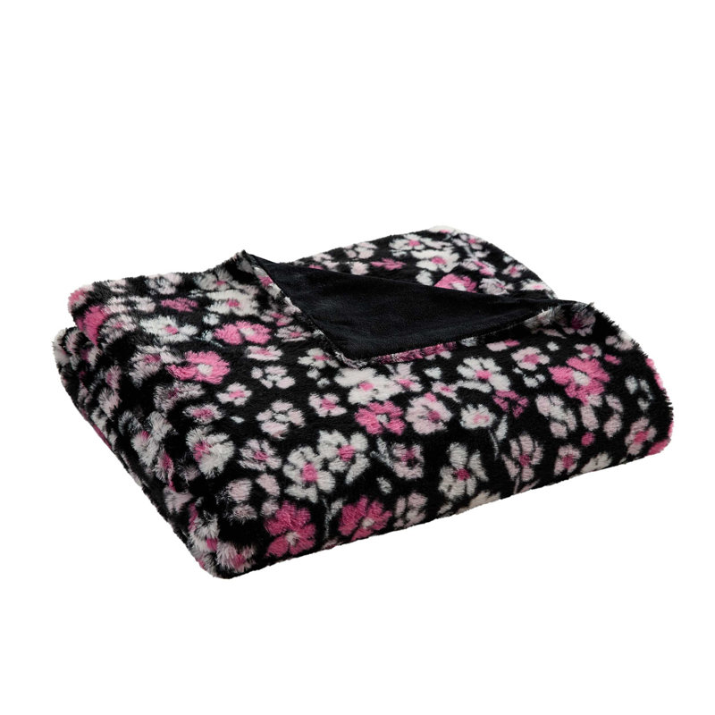 Jeté en fausse fourrure noire Betsey Johnson, Motif floral noir