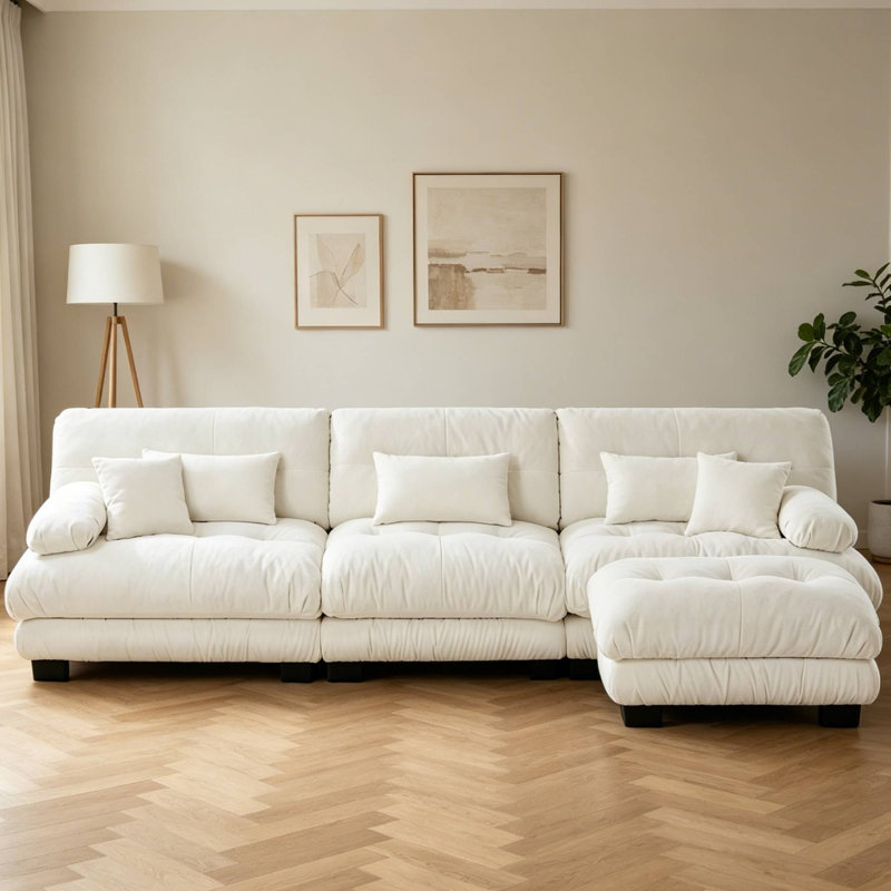 Canapé modulaire convertible en L en chenille avec repose-pieds, White, 35.4" H x 133.8" W x 59.6" D